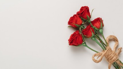 Red roses tied with twine on a white background