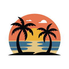 Retro Beach Sunset with Palm Trees: A vibrant, vintage-style t-shirt design graphic. Palm tree summer logo template vector illustration.