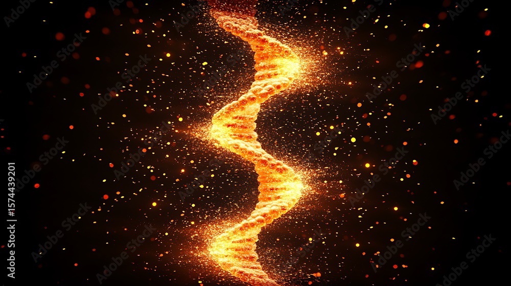 Poster fiery spiral structure with glowing particles.