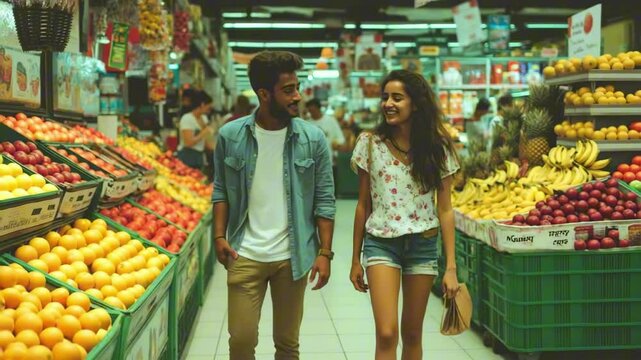 Young Indian couple walking together in a vibrant grocery store filled with fresh fruits and vegetables, enjoying their shopping experience in a lively market atmosphere - Powered by Adobe