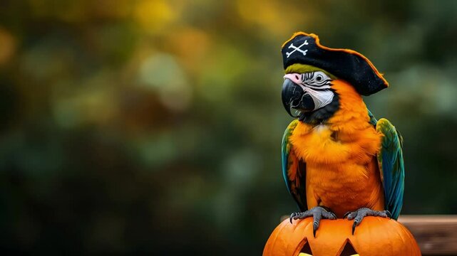 Colorful parrot in pirate hat perched on pumpkin surrounded by nature during autumn season