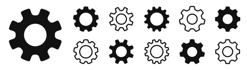 Gear icon set. Cog wheel, setting, engine circle, process. Black cogwheel flat and thin line style - stock vector. © Comauthor