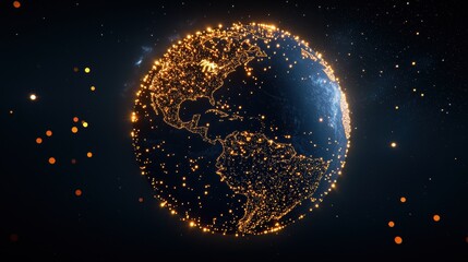 World Map Glow Rotating globe with glowing points representing major cities, space background, symbolizes global urbanization and interconnectedness