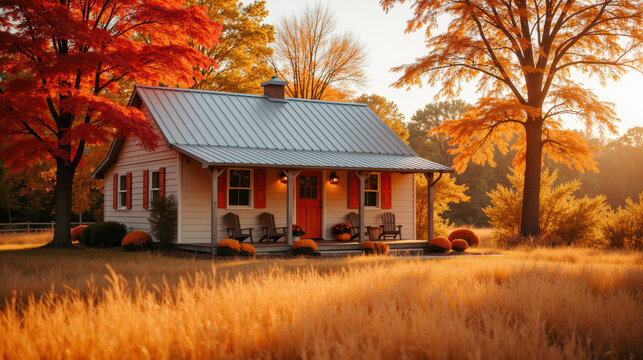 Charming cottage surrounded by vibrant autumn foliage, featuring cozy porch and warm sunlight illuminating scene