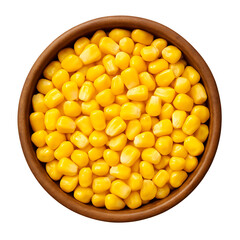 Sweet corn kernels in wooden bowl top view isolated on transparent background