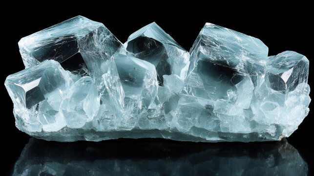 Cluster of translucent blue crystals with sharp edges and reflective surface, set against black background, showcasing their natural beauty and geometric structure