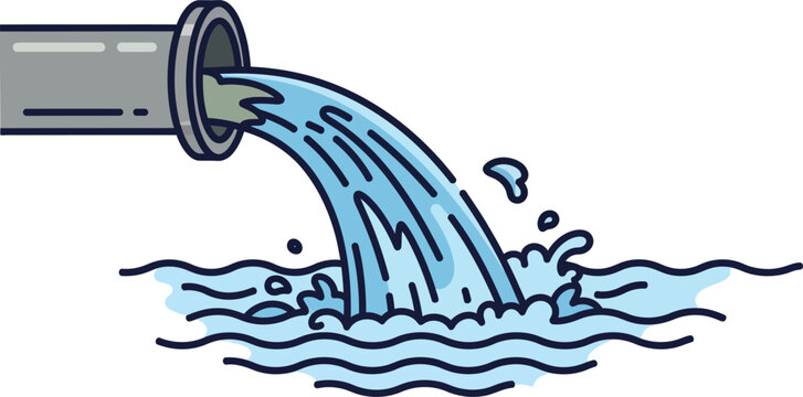 Water is flowing from a pipe into a body of water in a cartoon illustration isolated on white background