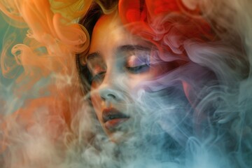 Model posing with colorful smoke and glitter makeup, creating a dreamy atmosphere