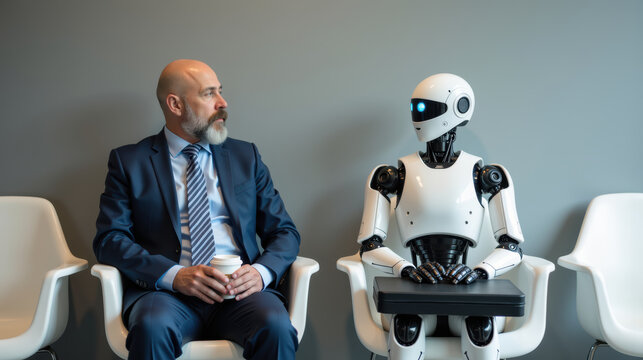 Businessman and humanoid robot sit together modern office environment, showcasing blend of technology and human interaction. scene evokes