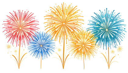 Colorful Fireworks Explosion with Sparkling Trails and Bright Bursts Isolated on White Background
