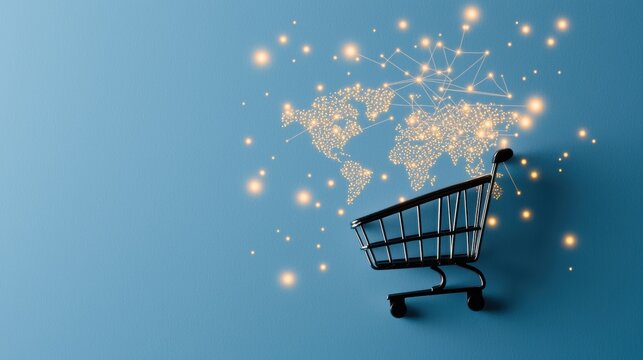 shopping cart network interface online shopping Shopping cart icon with a world map and network connections, representing international online shopping and global marketplace