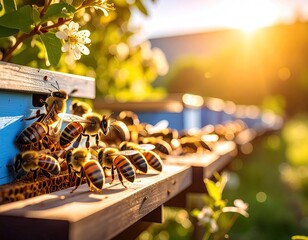 Busy bees on a sunny apiary