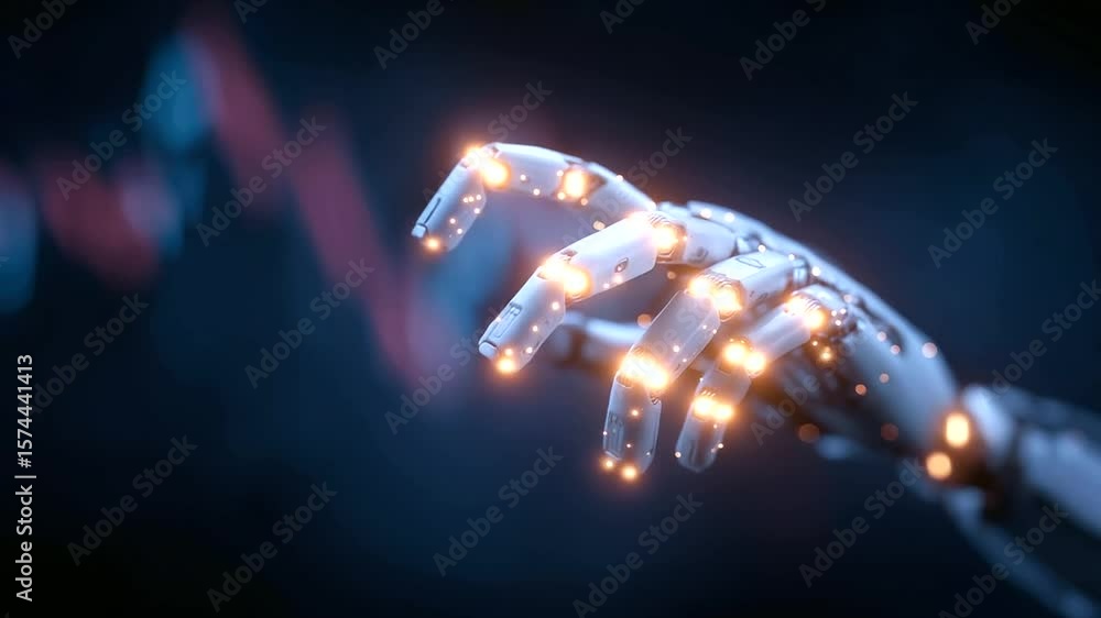 Poster futuristic ai robot processing stock market trends using cutting-edge financial technology.