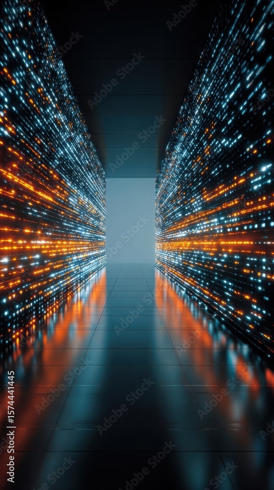 Poster an abstract portrayal of a hightech passageway illuminated by glowing data streams reflecting the ra