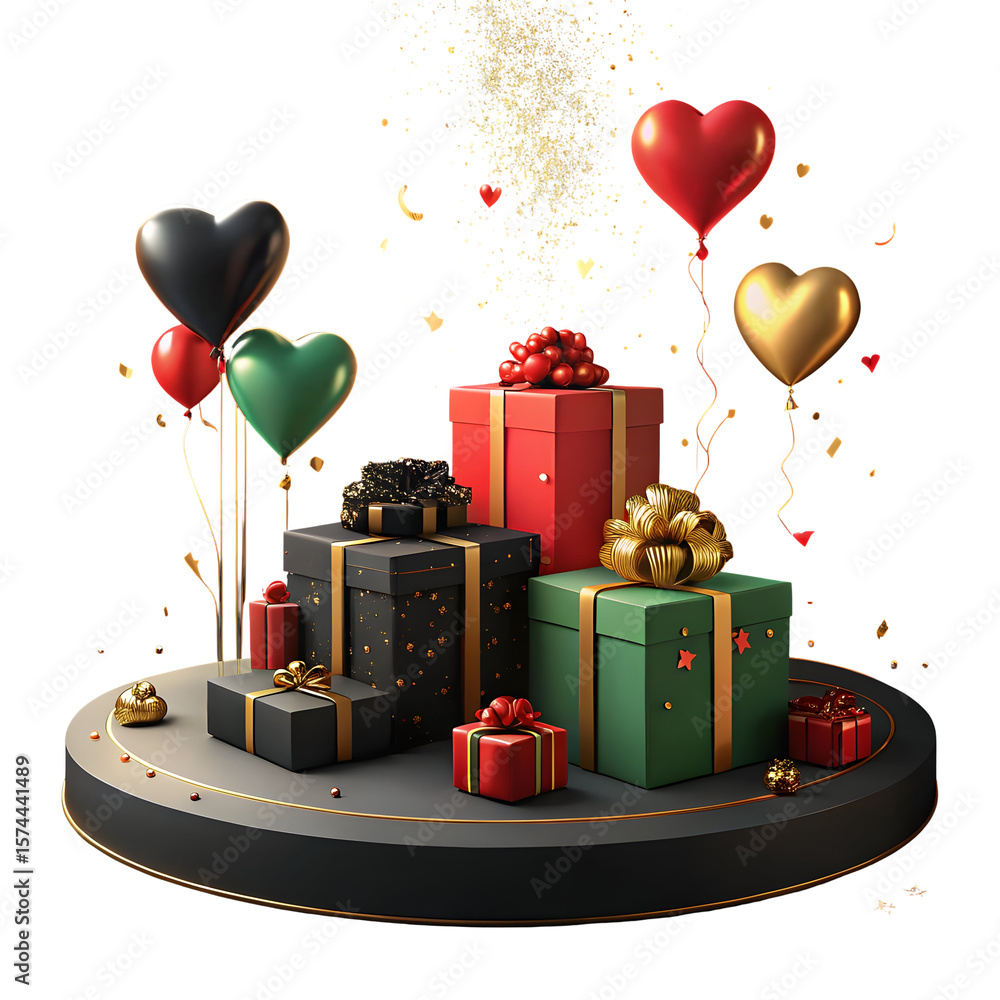 Poster assortment of gift boxes and heart balloons on a circular platform with falling gold confetti isolat
