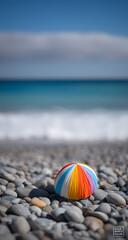 Obraz premium Vibrant Beach Ball on a Serene Rocky Shore