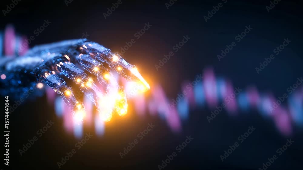 Poster futuristic ai robot processing stock market trends with illuminated digital networks.