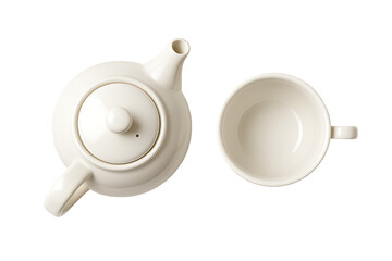 White ceramic teapot and teacup top view isolated on transparent background
