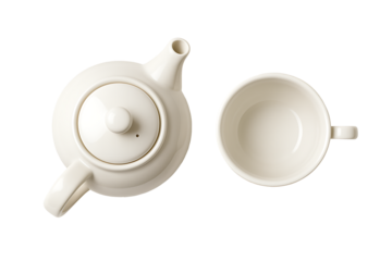 White ceramic teapot and teacup top view isolated on transparent background