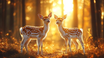 Two fawn in a sunlit forest.