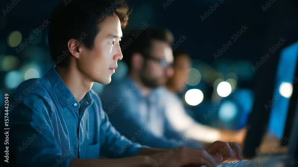 Poster team of ai software engineers working together in a cutting-edge tech office environment.