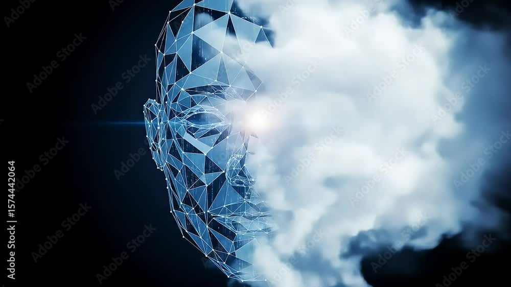 Poster rendering polygonal head merging with digital cloud formation abstract concept