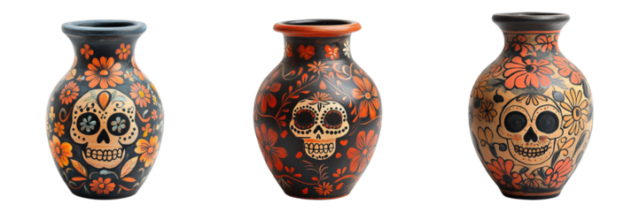 Set of Clay Vases with Hand-Painted Sugar Skull and Floral Designs Isolated on Transparent Background