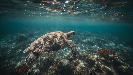 Sea Turtle Gliding Gracefully Through Turquoise Waters Over a Rocky Reef