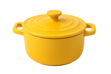 Yellow ceramic cooking pot with lid and handles isolated on transparent background