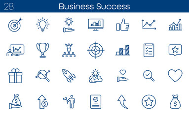 Set of business icons representing success and goal achievement. Includes symbols like trophy, target, arrow, flag, and steps. Simple line style perfect for presentations, apps, and infographics.