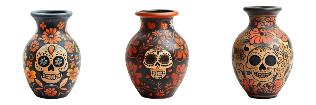 Set of Clay Vases with Hand-Painted Sugar Skull and Floral Designs Isolated on Transparent Background