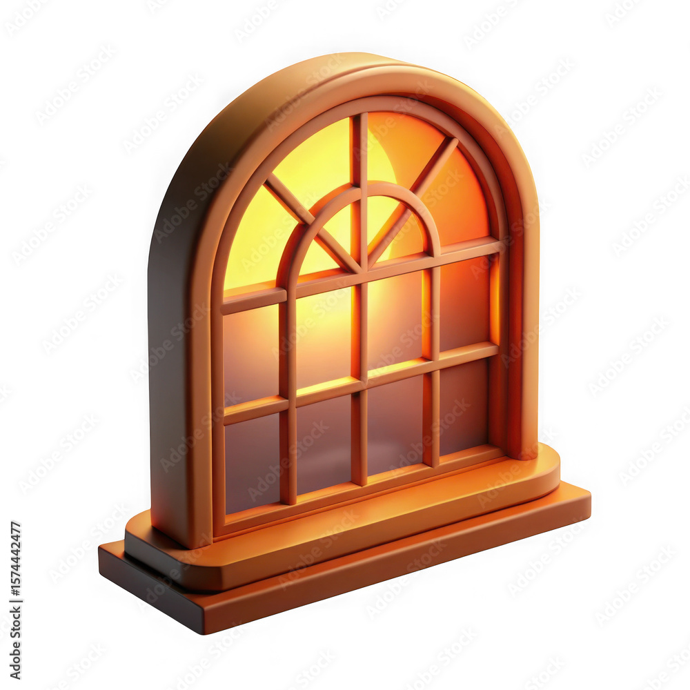 Poster illuminated wooden window with arched top rendered in 3d against isolated on transparent background