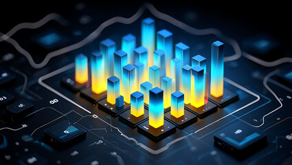 Glowing blue and yellow bars on dark digital display data analytics