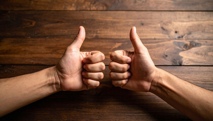 Two Thumbs Up Gesture on Wooden Table