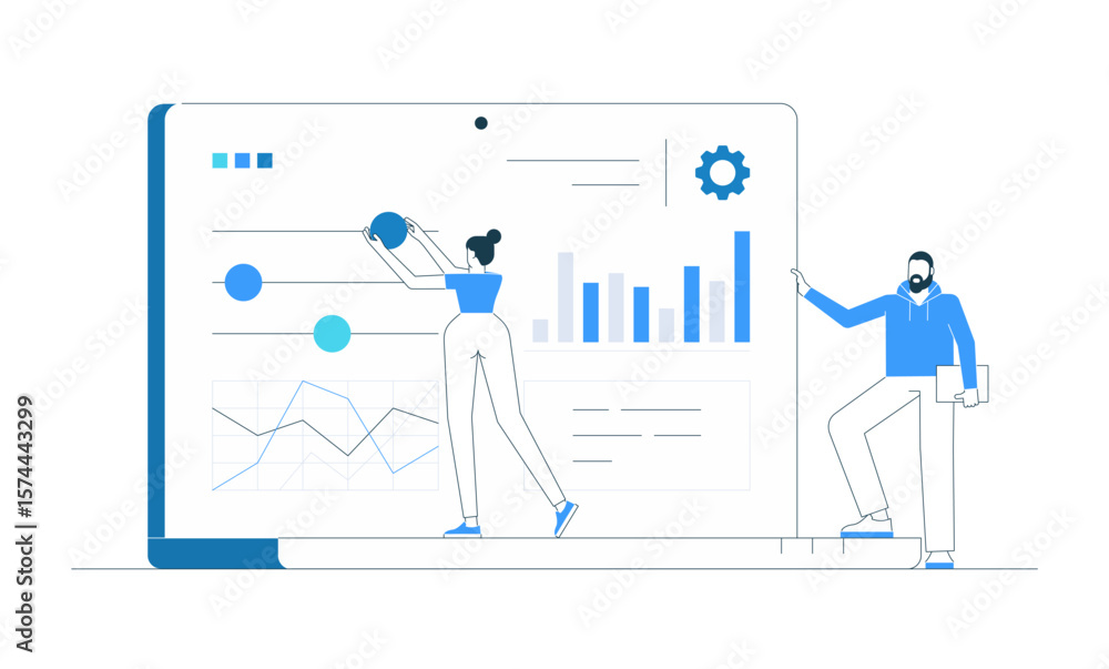 Poster vector illustration of a business team configuring a data dashboard with charts on a laptop screen. 