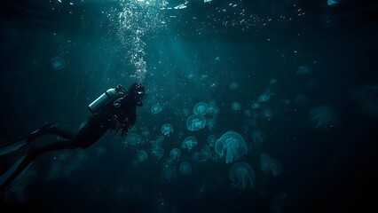 Diver Silhouetted Amidst a Swarm of Luminescent Jellyfish