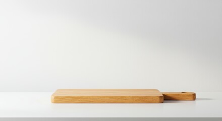 Minimalist kitchen scene featuring a wooden cutting board on a clean white surface perfect for culinary and food presentation projects
