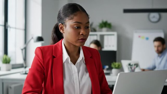 Professional woman in a red blazer focused on her laptop in a modern office, with colleagues working in the background, showcasing a collaborative business environment