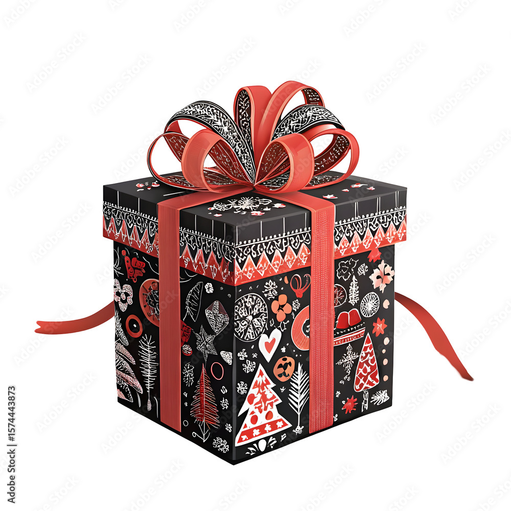 Poster black gift box with red ribbon and intricate festive patterns isolated on a transparent background