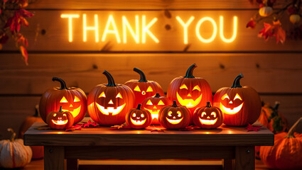 Glowing jack o lanterns arranged on wooden table with autumn leaves and neon sign