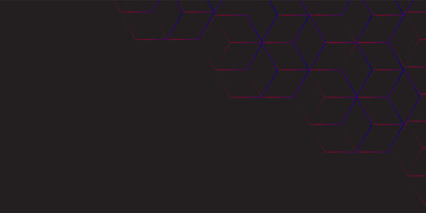Modern dark abstract background with 3D hexagonal line patterns in neon blue and magenta.