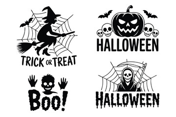 Black and White Halloween Designs Witch, Pumpkin, Boo, and Grim Reaper Illustrations on White Background