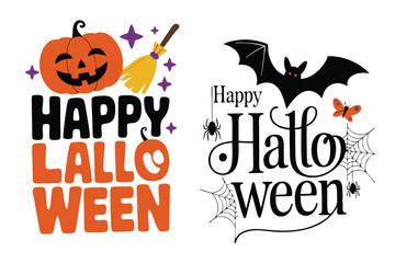 Cheerful Halloween Illustrations Featuring Pumpkin, Bat, Broom, Spiderweb, and Happy Halloween Text