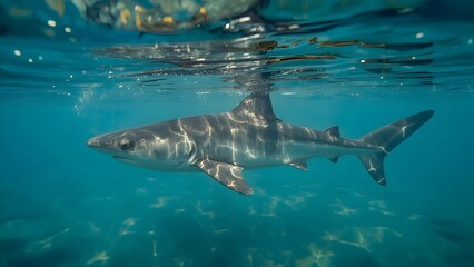Underwater View of a Graceful Shark Swimming in Clear, Sunlit Ocean Waters