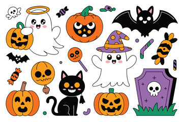 Cute Halloween Cartoon Illustration Pumpkins, Ghosts, Bat, Cat, Candy, Gravestone, with Happy Face