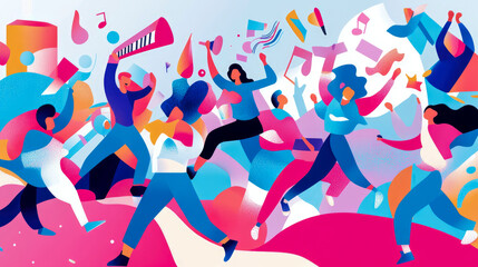 A lively contemporary celebration of music and dance featuring joyful people, vibrant colors, and floating musical notes, perfect for an event poster or festive card.