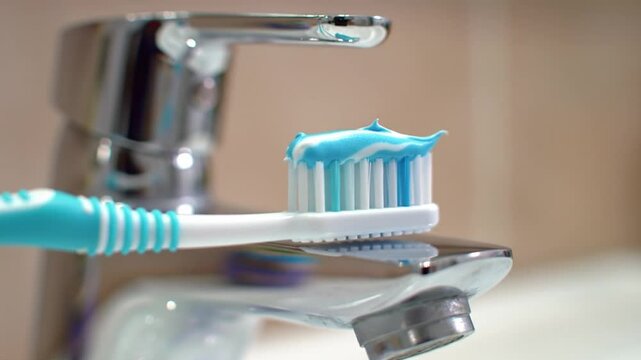 Toothbrush with toothpaste on faucet dental hygiene concept.