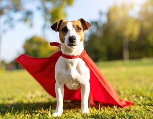 Dog in superhero cape outdoors