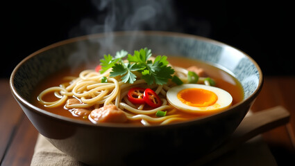 AI-generated realistic close-up image of steaming noodle soup with clear broth, soft-boiled egg, and fresh garnish. Perfect food photography with sharp details and rich lighting.
