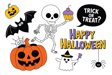 Happy Halloween Cartoon Pumpkins, Bat, Skeleton with Cupcake, Ghost, and Spider Decoration on White